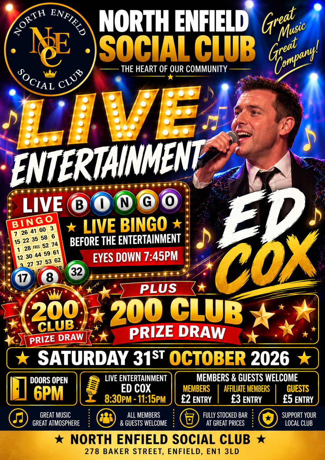 Poster for Saturday Night Live Entertainment with Ed Cox and 200 Club Prize Draw