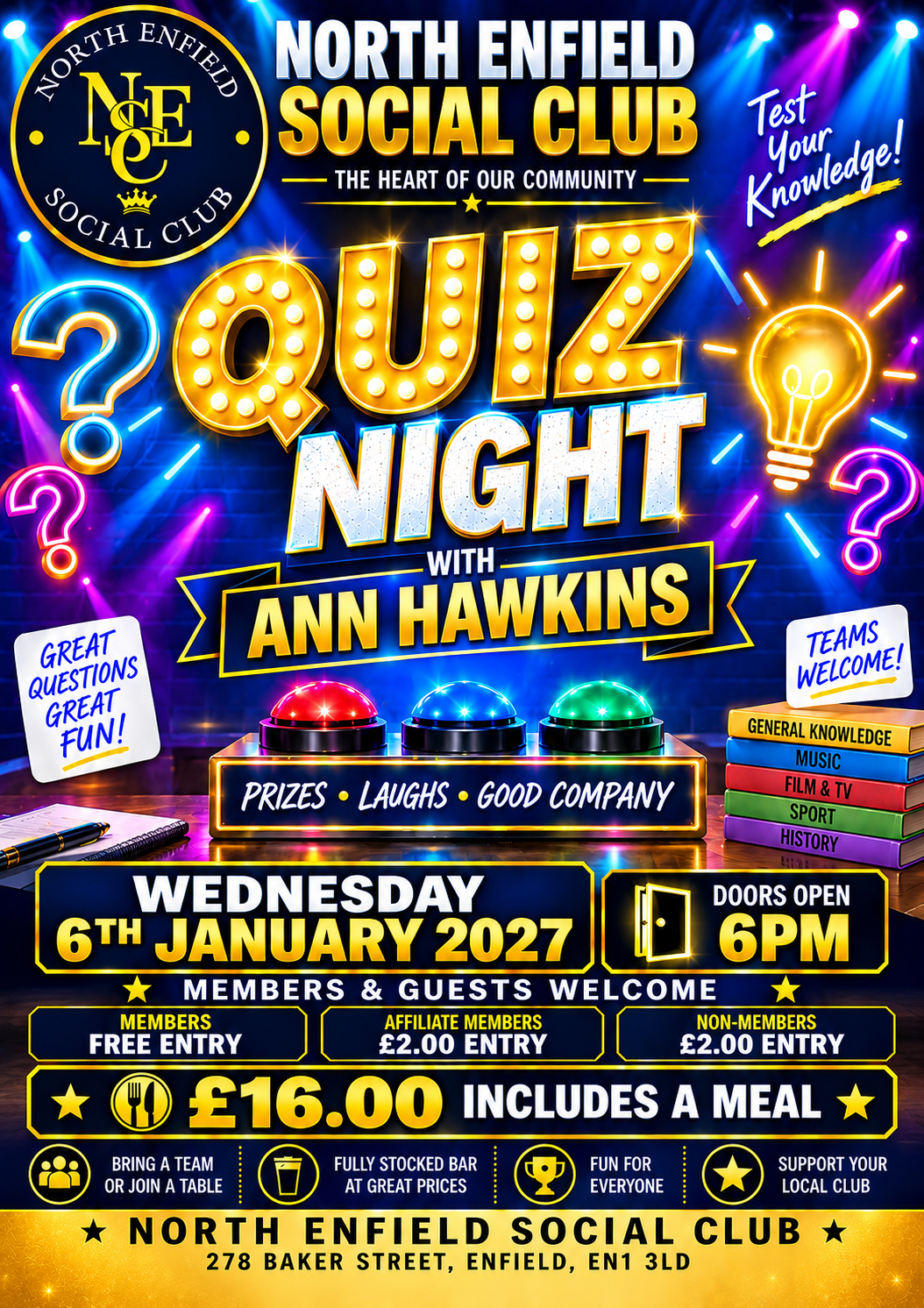 Poster for NECC Quiz Night with Ann Hawkins